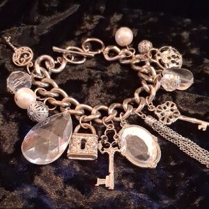 Elegant Vintage Silver Charm Bracelet with Crystal Accents. Sz 8 To 10